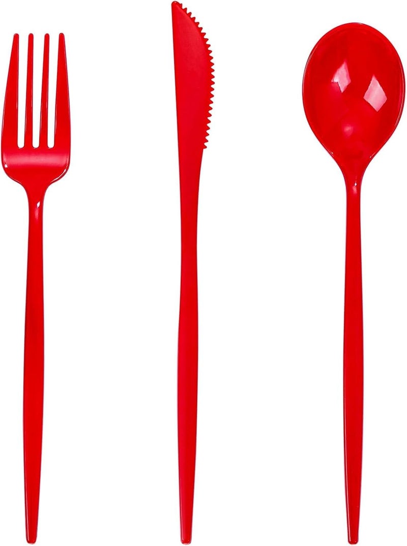 PULOTE 150PCS Red Plastic Silverware Set - Heavy Duty Plastic Cutlery - Red Utensils Disposable Include 50 Forks, 50 Spoons, 50 Knives for Party & Valentines Day - Image 1